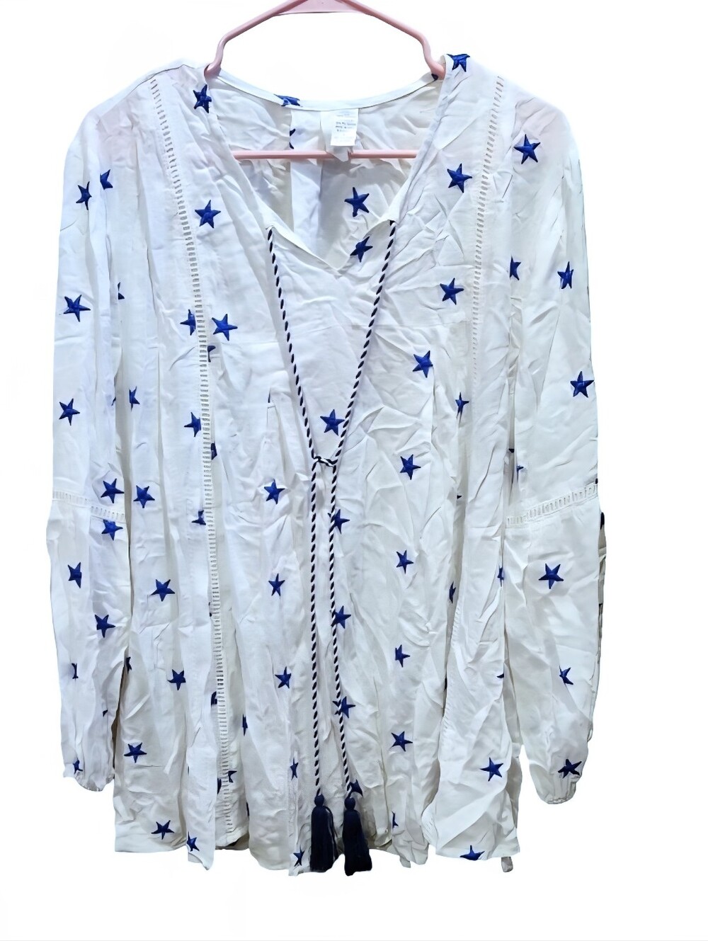 Kaktus White Star-Print Boho Blouse with Tassel Tie